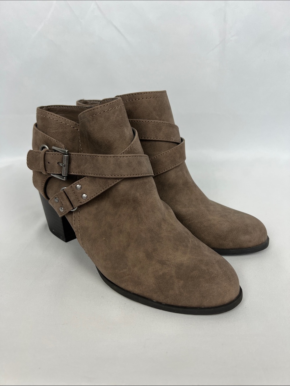 Indigo Taupe Suede-Look Ankle Boots with Buckle Strap- Size‎ 7.5